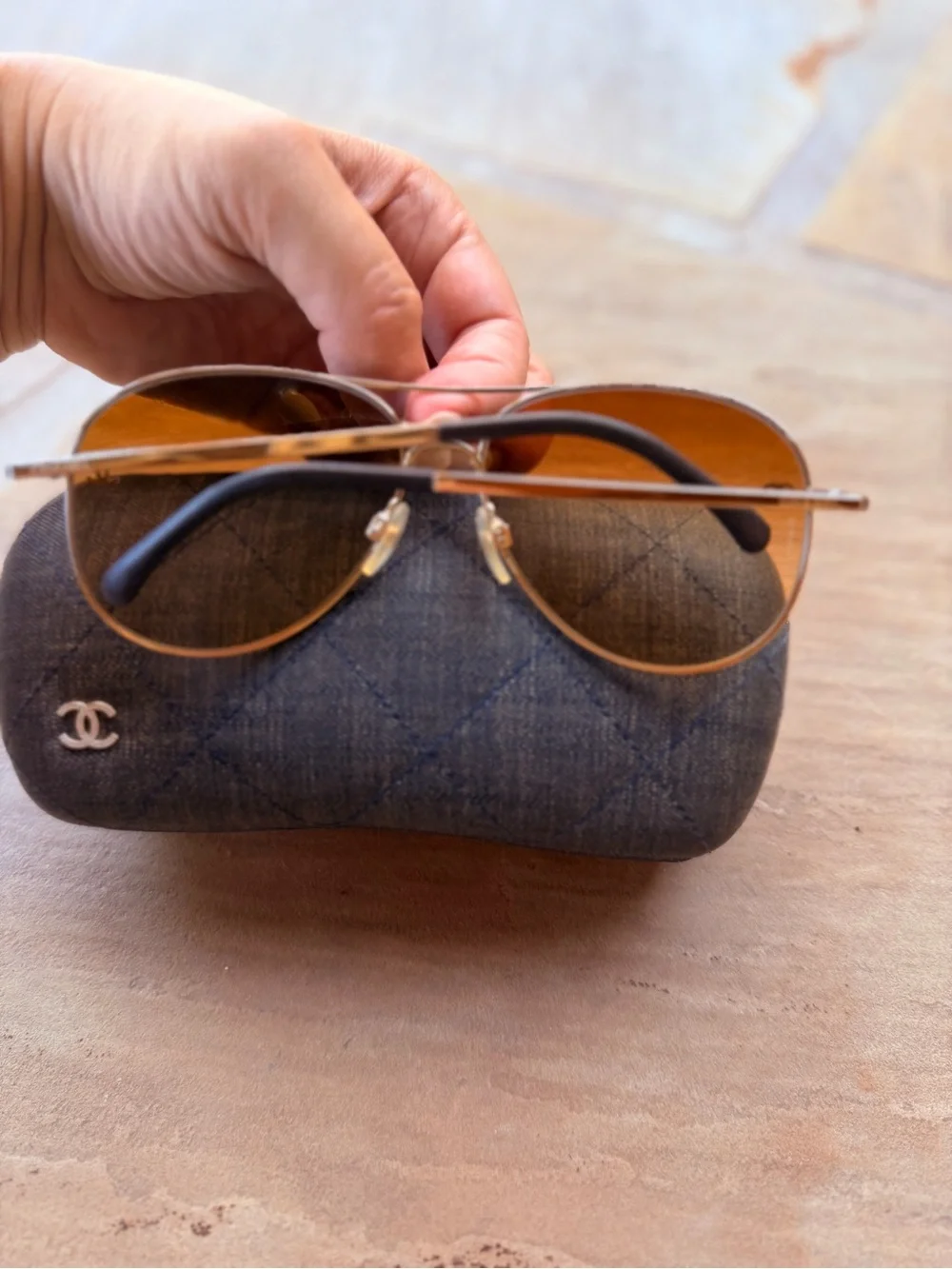 CHANEL Gold Aviator Sunglasses with Brown Lenses
